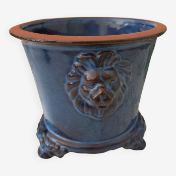 Cache pot terre cuite émaillé bleu vintage avec têtes de lion sur 3 pieds des années 60/70