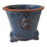 Cache pot terre cuite émaillé bleu vintage avec têtes de lion sur 3 pieds des années 60/70