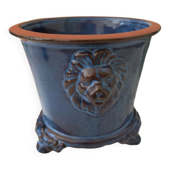 Vintage blue glazed terracotta pot cover with lion heads on 3 legs from the 60s/70s