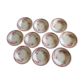 Suite 10 assiettes creuses en terre de fer décor Iris rose bordeaux amandinoise