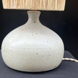 Vintage lamp base in beige-grey ceramic stoneware with raffia lampshade, 1970s