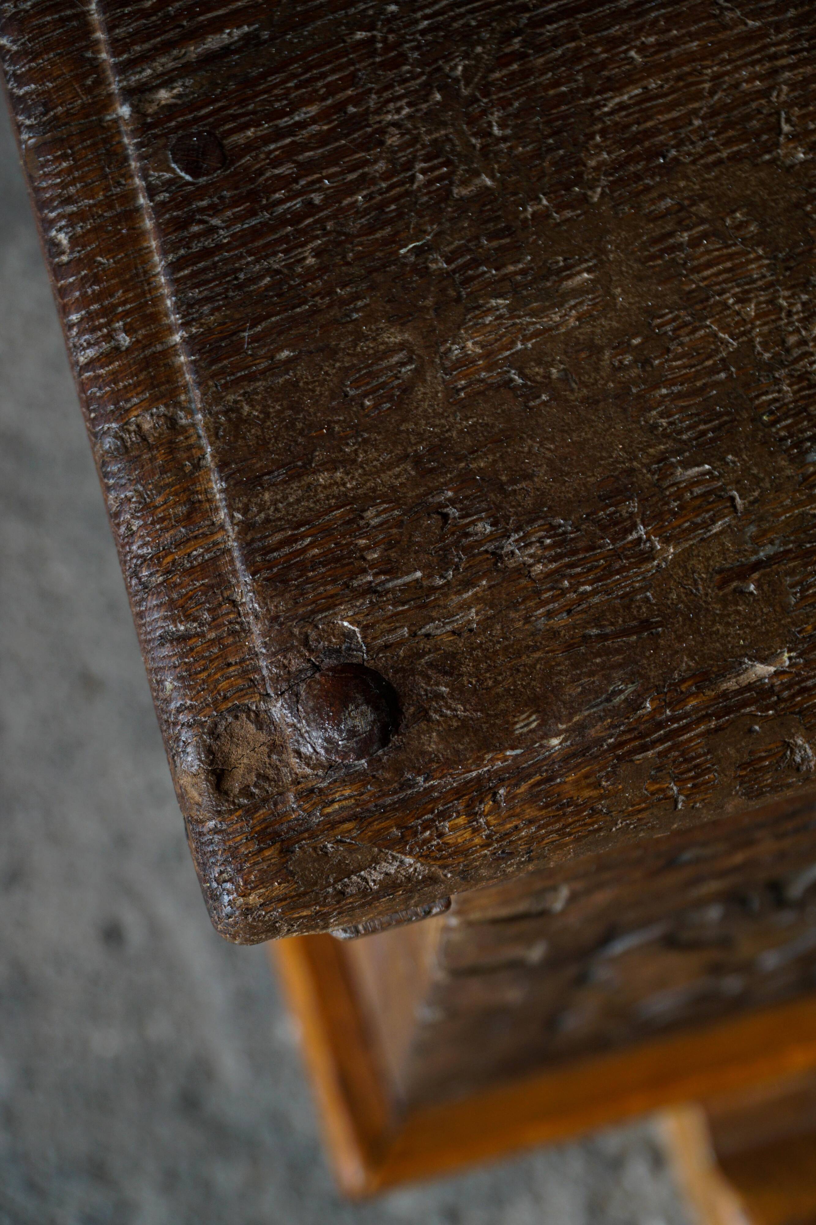 18th-century Scandinavian popular art oak chest with carved panels, dated 1764.