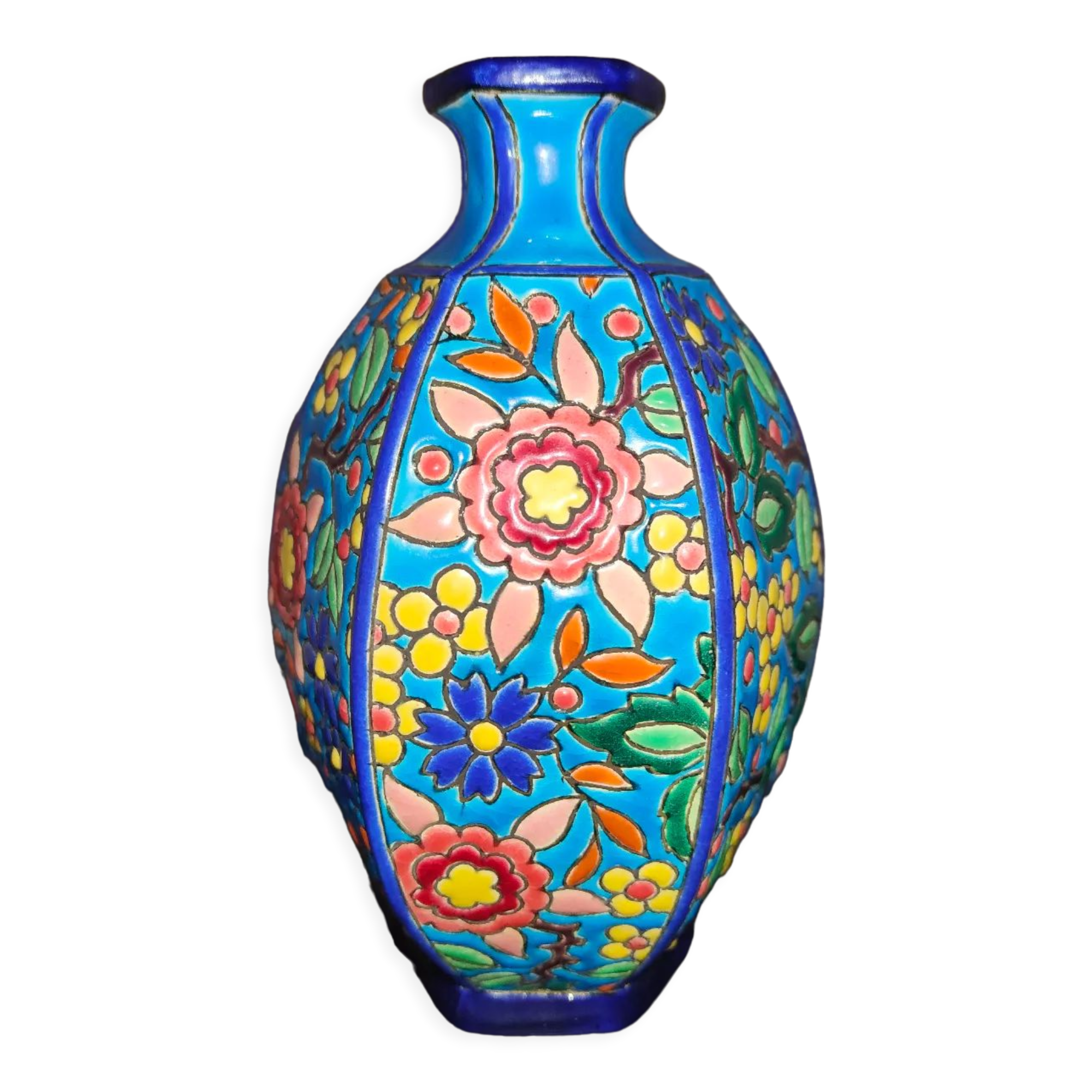 Octagonal ball vase in Longwy earthenware with floral decoration of cloisonné enamels