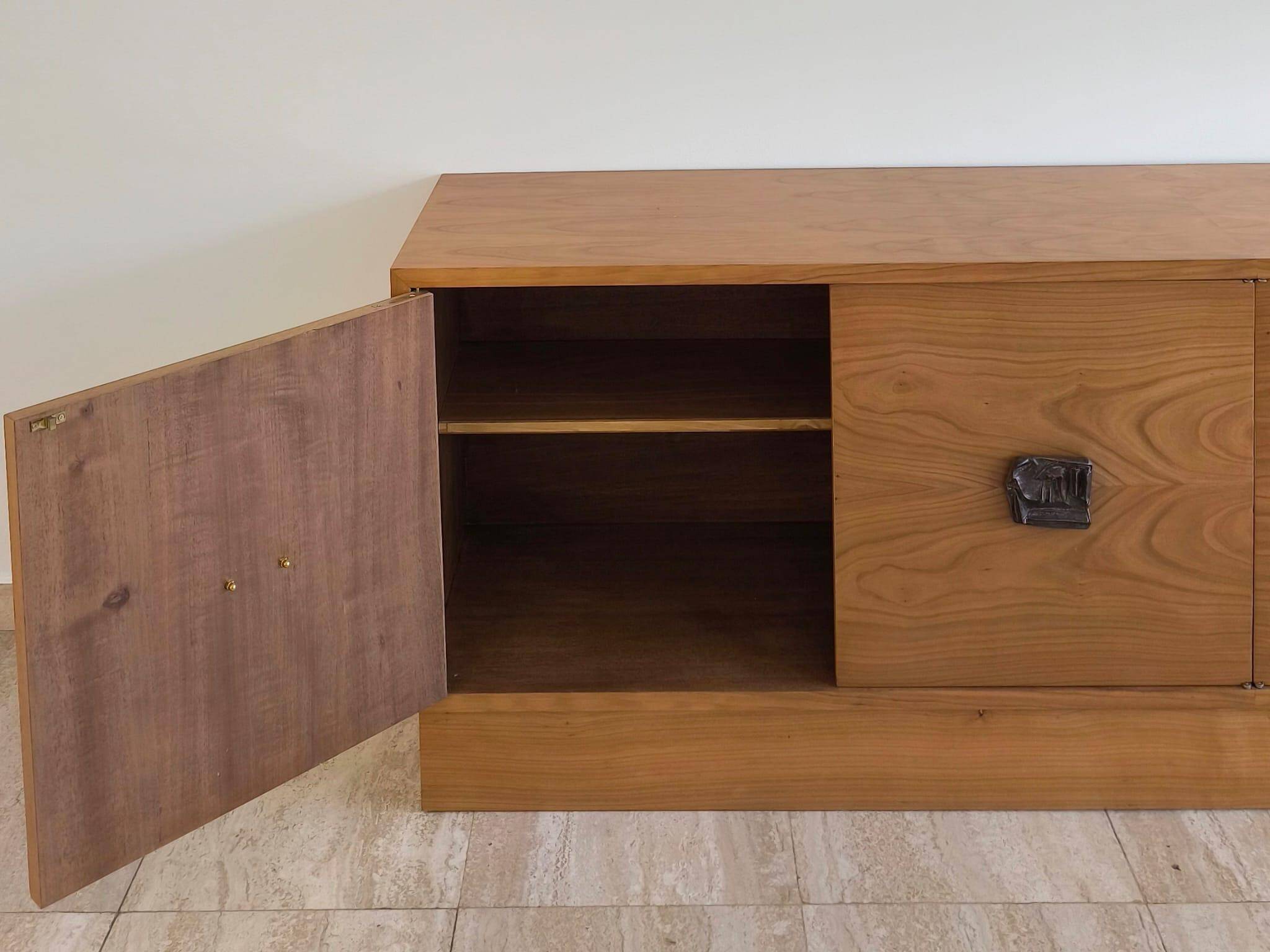 Italian Sideboard – Sculptural Wood with Bronze Handles, 1970s