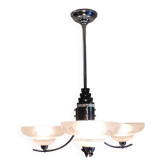 Lustre 3 feux Art-Déco en métal, bois et verre - mid.XXeme