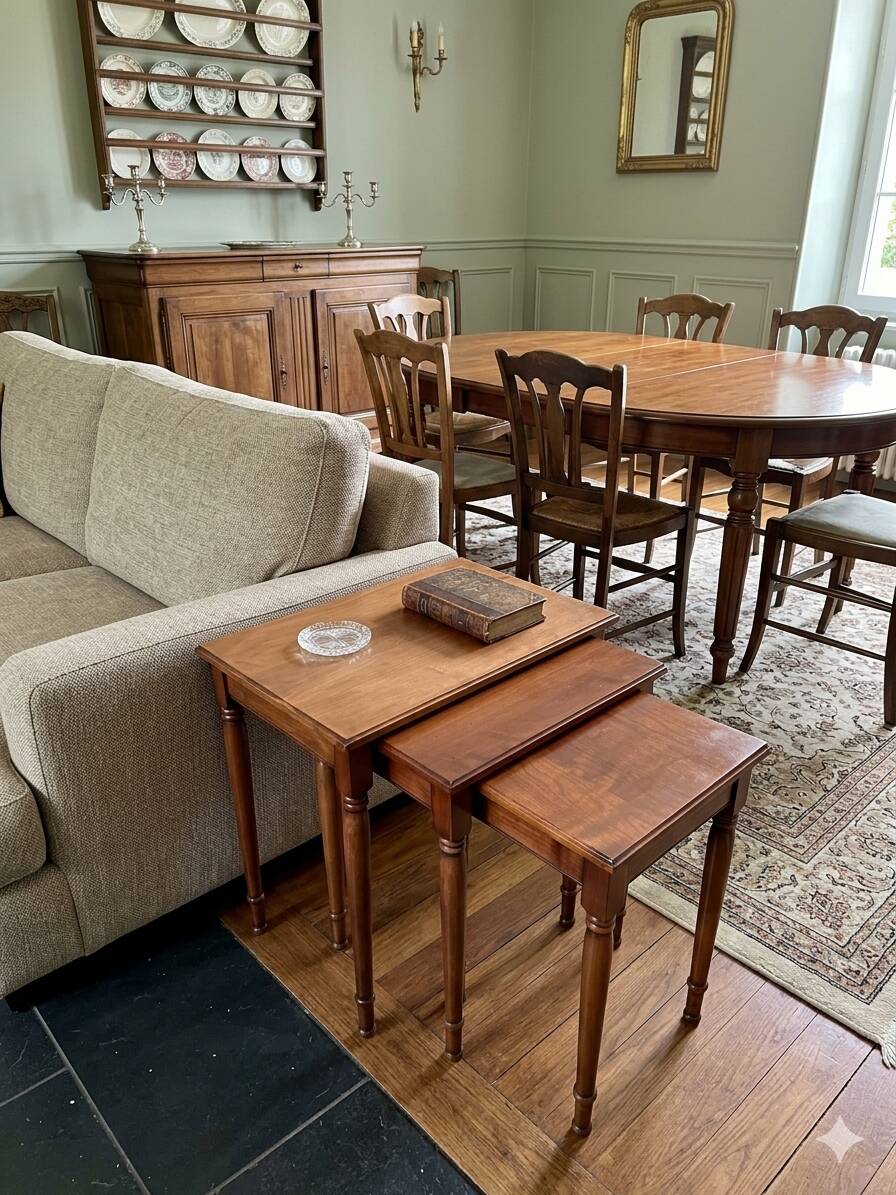 Nest of tables in solid cherry wood from the mid-20th century.