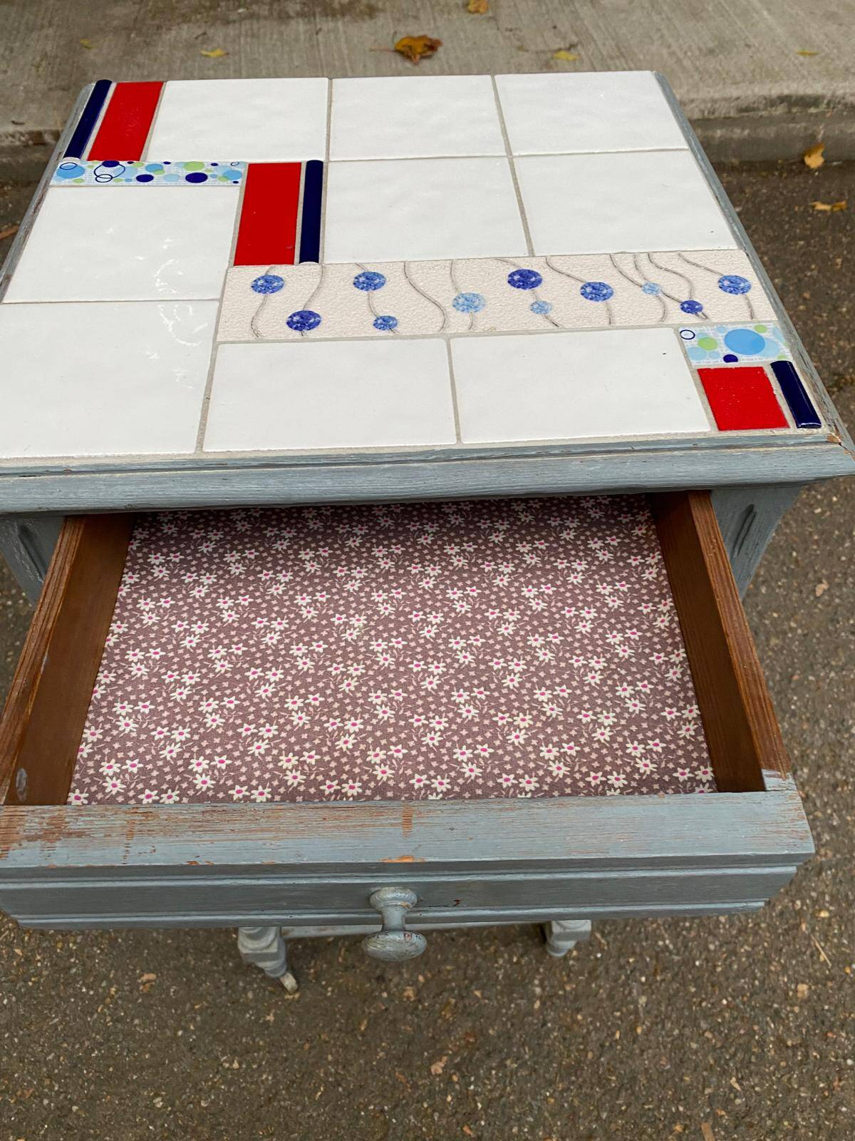 Henri II bedside table in solid grey wood and marble