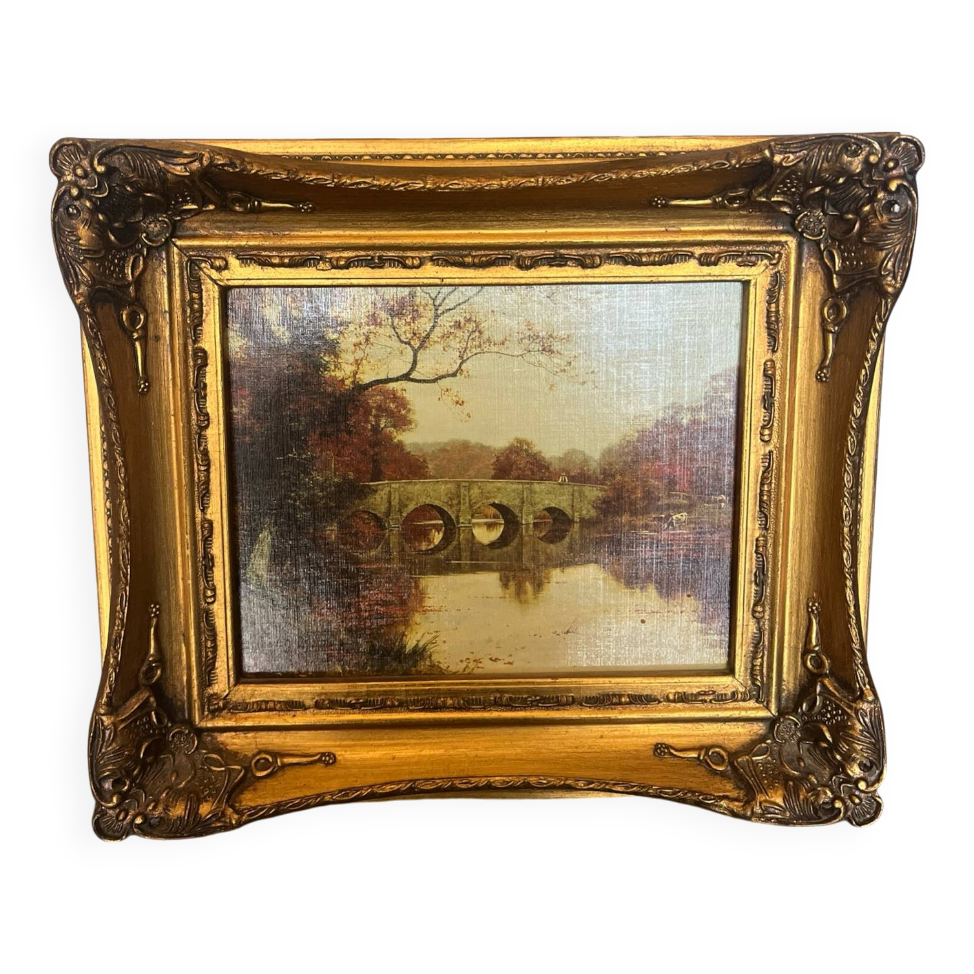 Golden wooden frame inspired by oil painting bridge