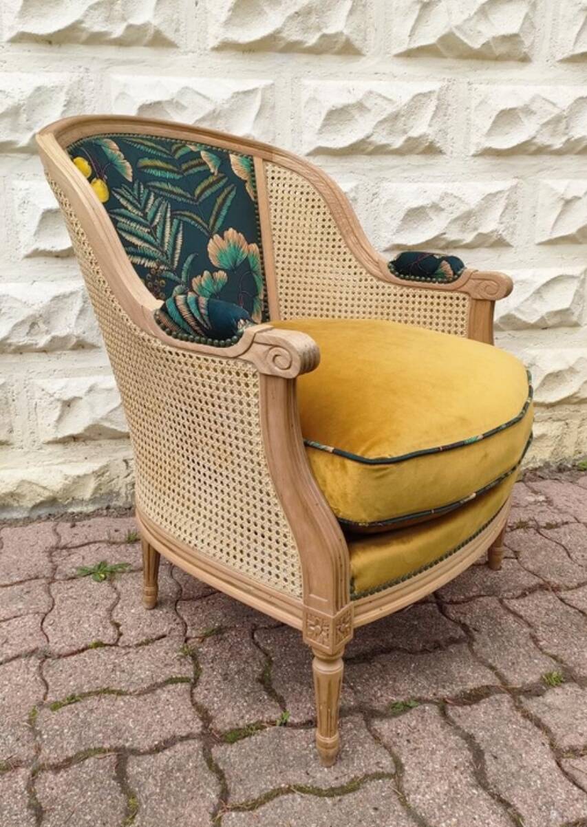 Fauteuil en bois, cannage et velours