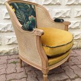 Cane and velvet armchair