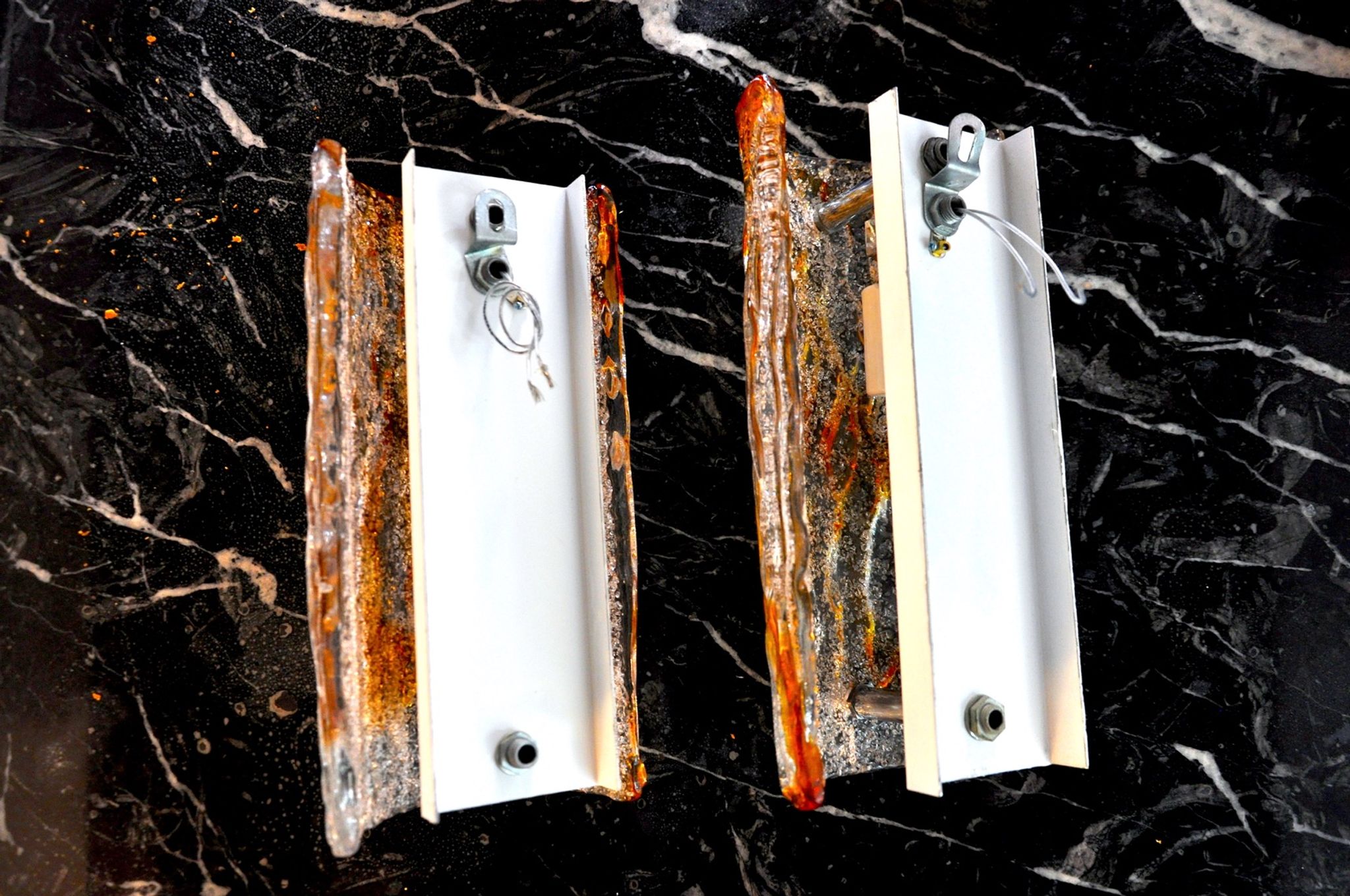 Pair of Murano Mazzega wall lamps, orange frosted glass, Italy, 1960