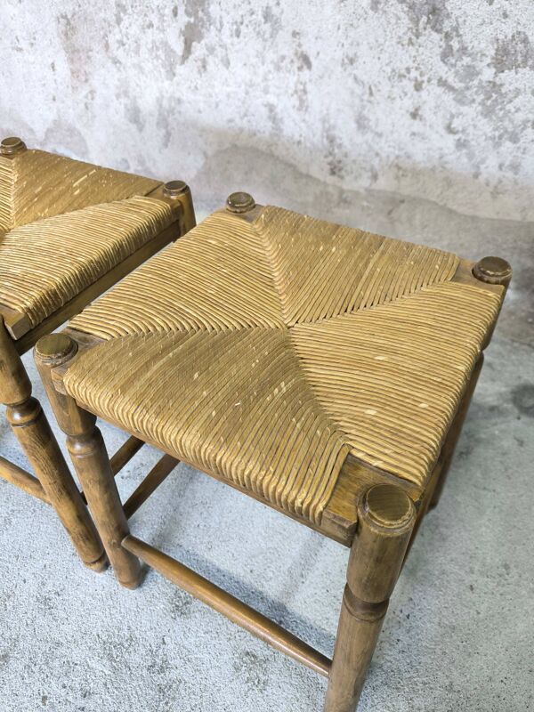 Paire de tabourets vintage en bois et paille
