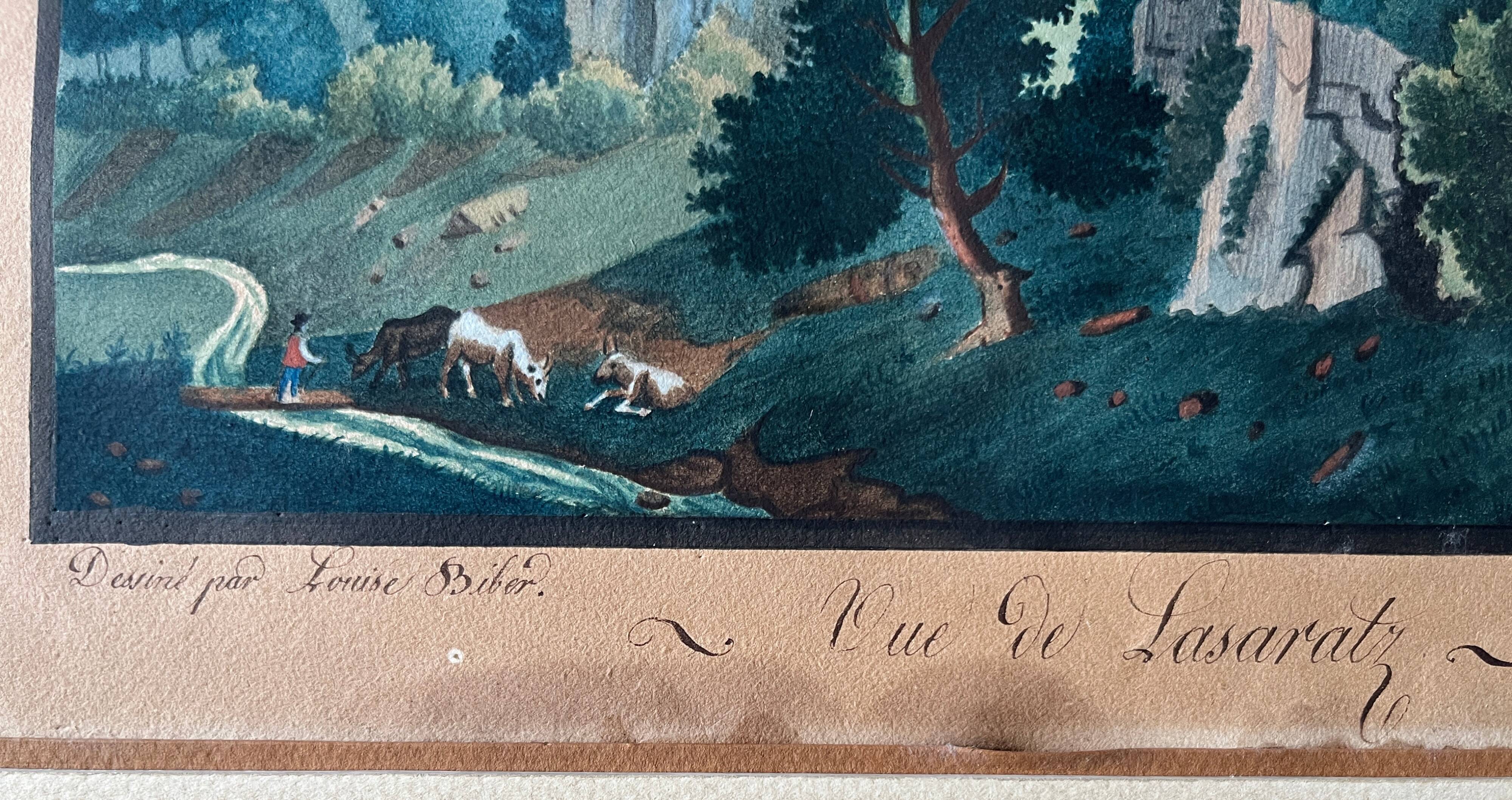 Watercolour painting XVIII "View of Lasaratz - Château de Sarraz" Canton of Va