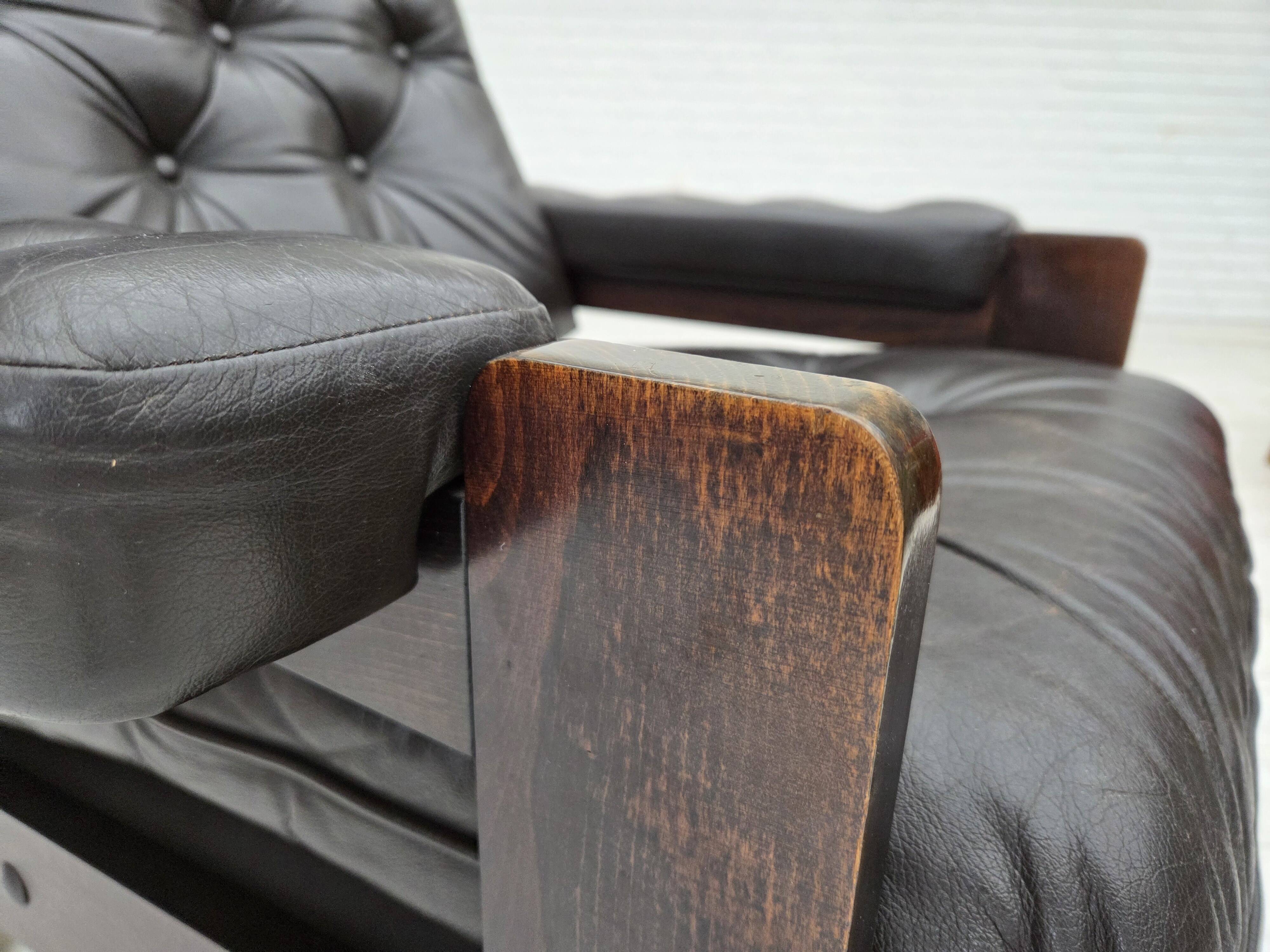 1970s, Danish armchair, brown furniture leather, oak wood.