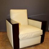 Pair of art deco armchairs in rosewood and beige leather