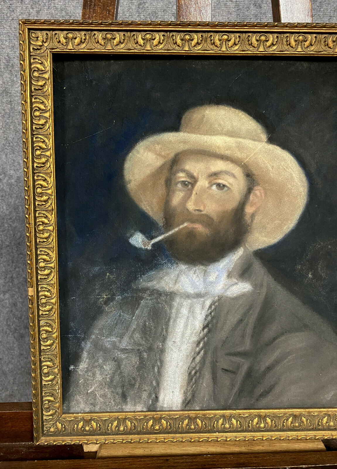 French school around 1900 the man in pastel hat on a black background