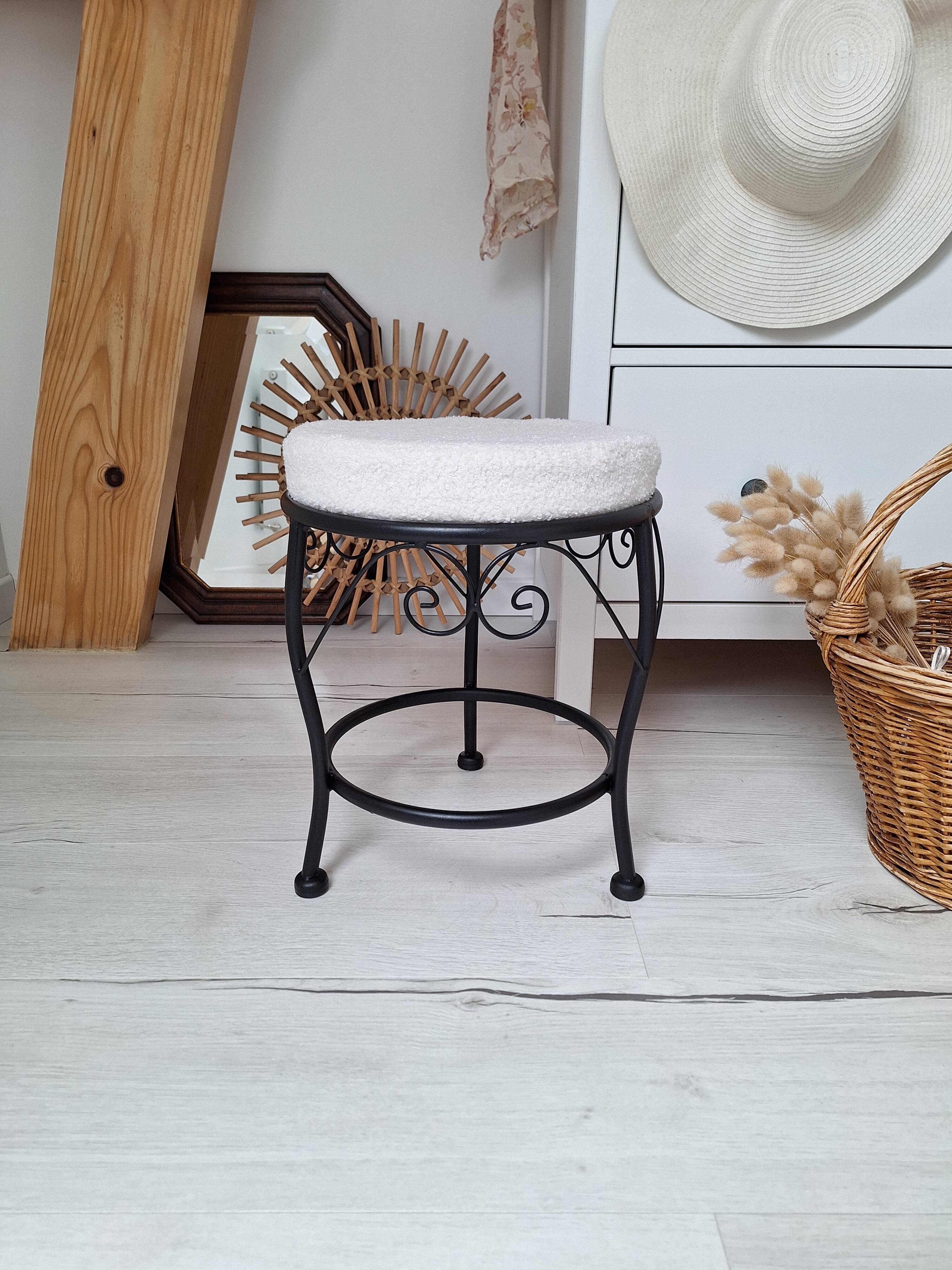 Black iron stool / pouffe with terry fabric cushion