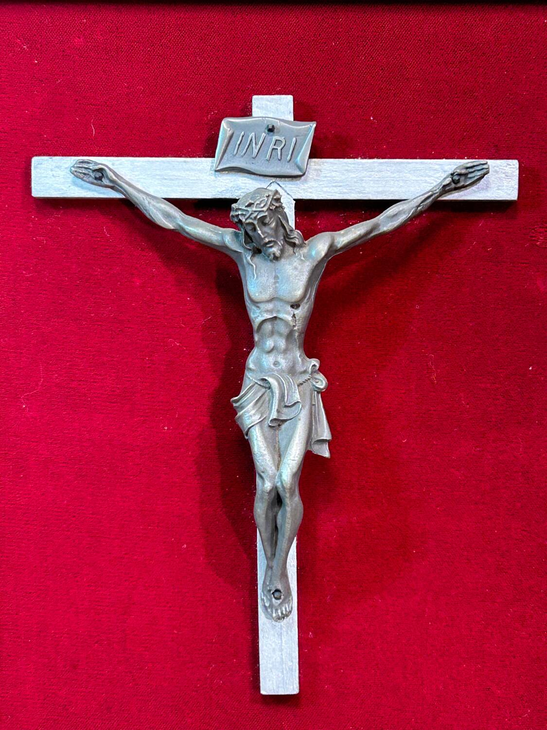 Crucifix, christ, on red velvet frame, silver wood, 50s, 60s, vintage