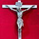 Crucifix, christ, on red velvet frame, silver wood, 50s, 60s, vintage