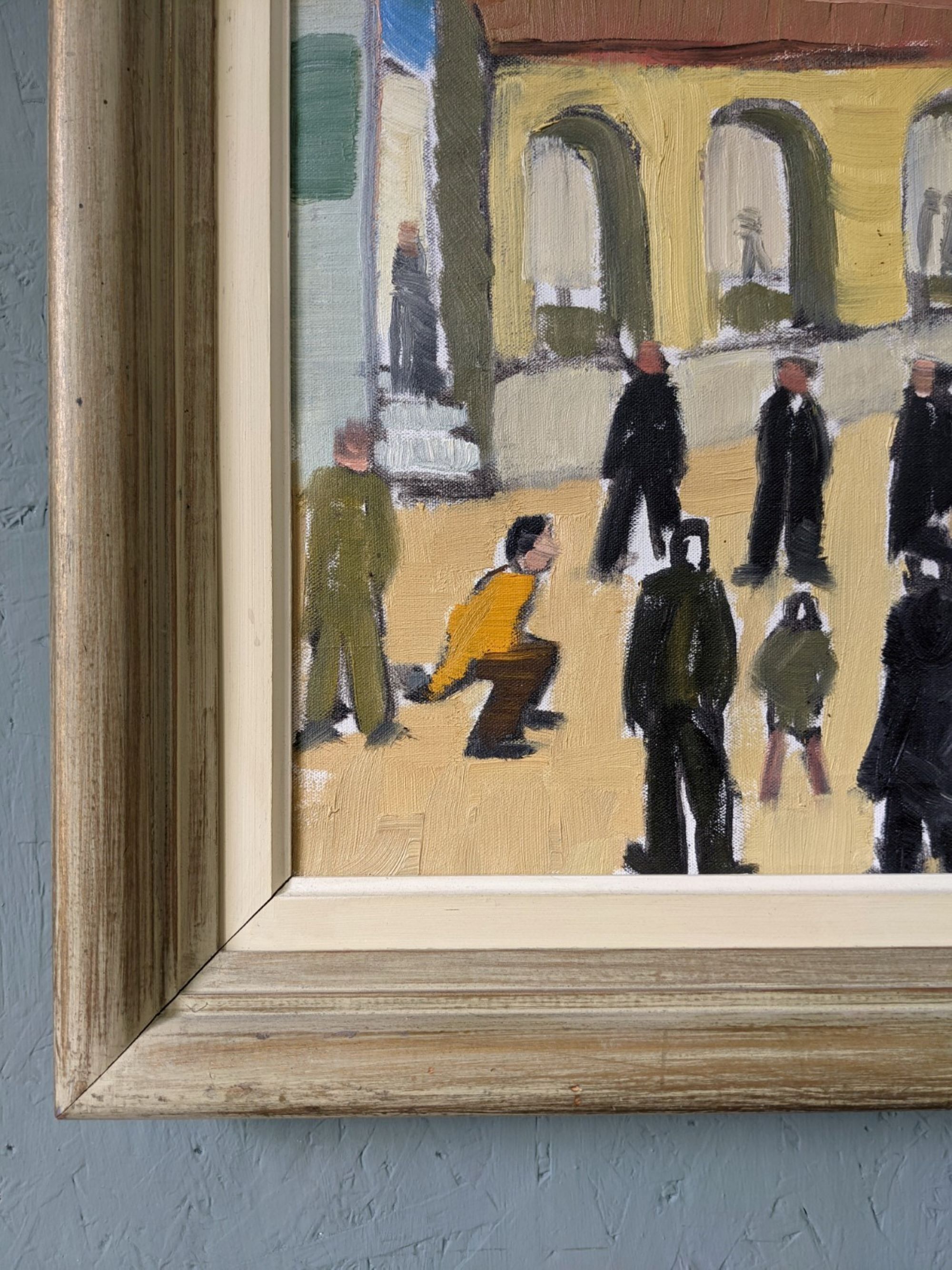 Mid-Century Modern Swedish Oil Painting "A Game of Petanque" Vintage Figurative Street Scene, Framed