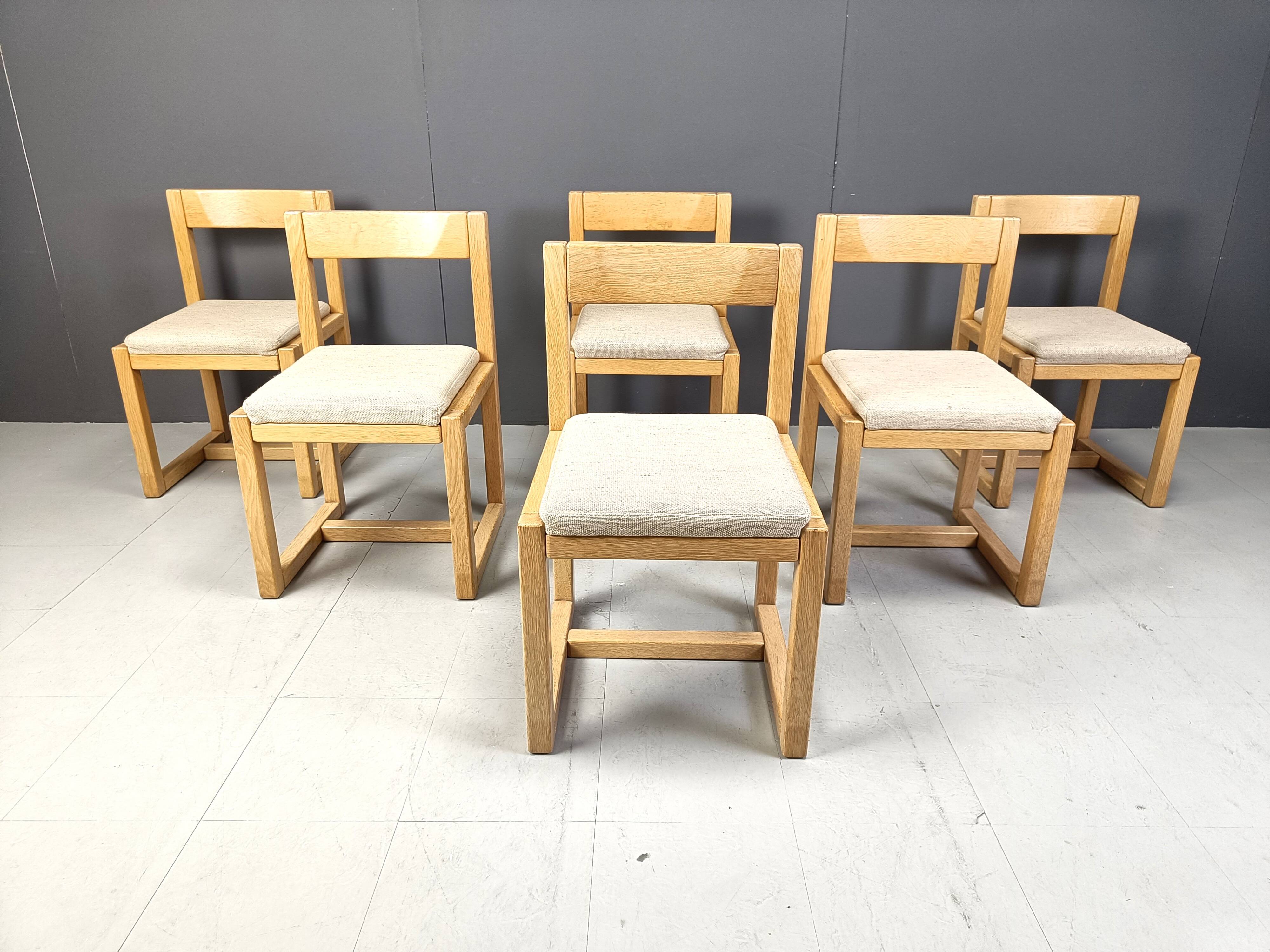 6 Brutalist oak and grey fabric dining chairs, 1970s