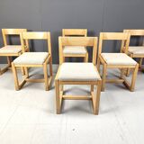 6 Brutalist oak and grey fabric dining chairs, 1970s