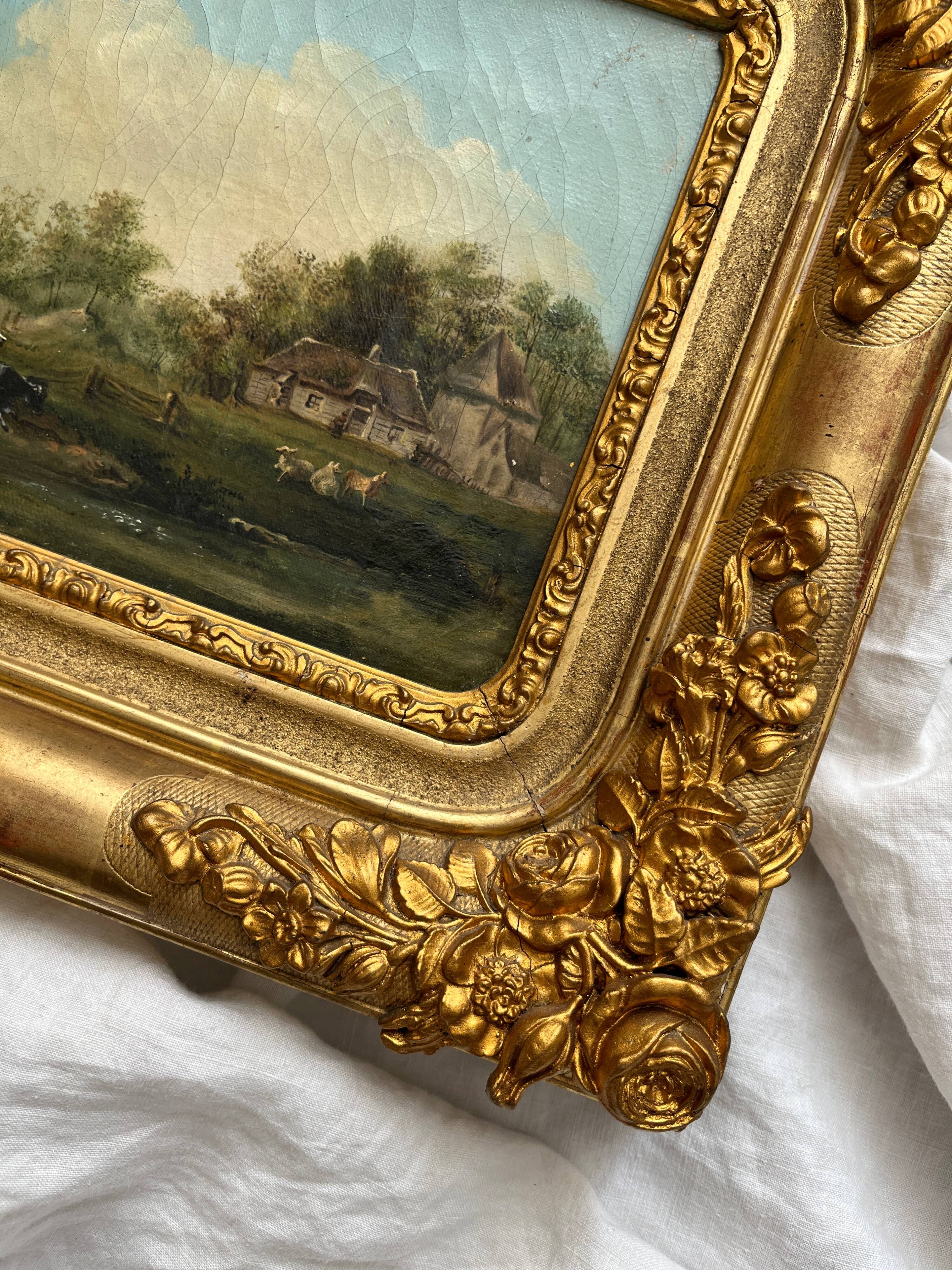 Old oil painting on canvas countryside landscape 19th