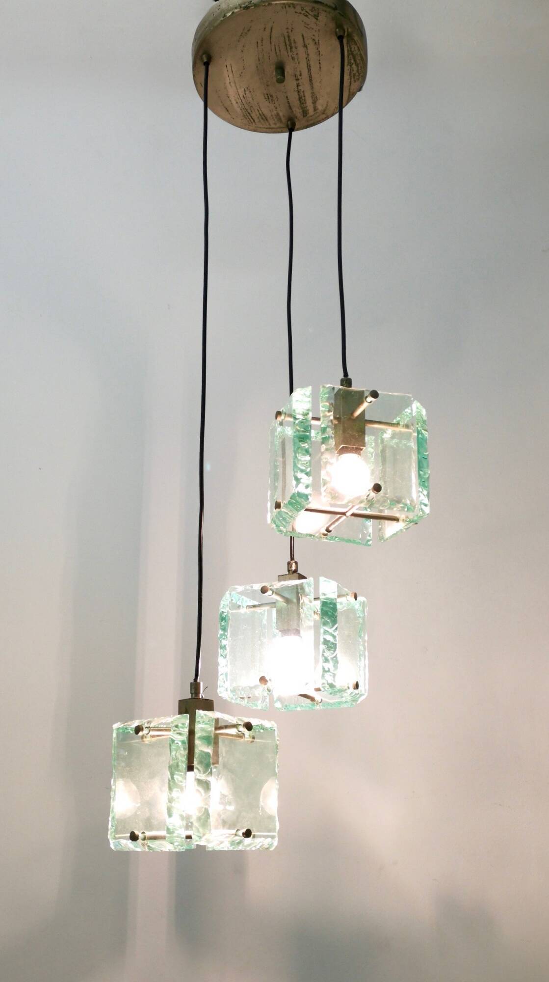 Vintage Three-Light Nile Green Glass Pendant Light by Zero Quattro, Italy