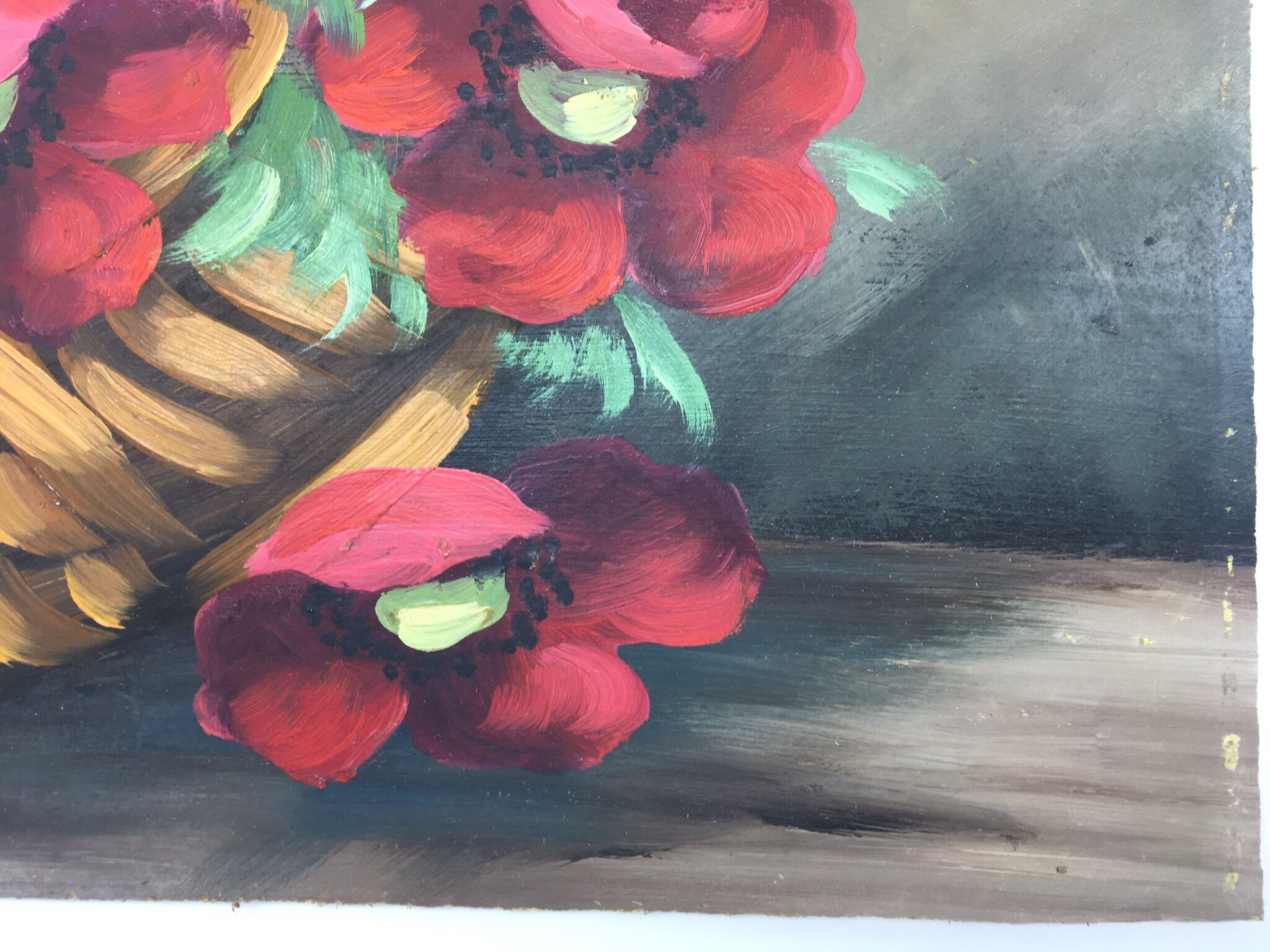 Still life painting with a basket of flowers from the 70s