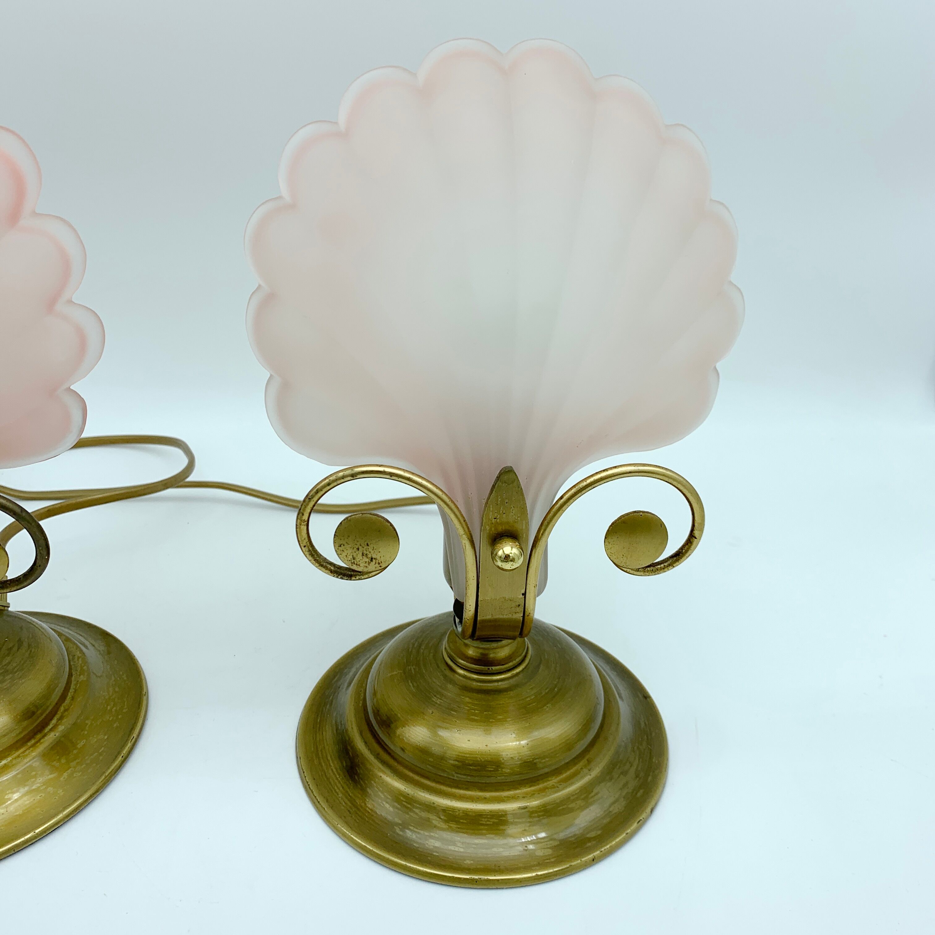Pair of vintage brushed glass and brass shell lamps