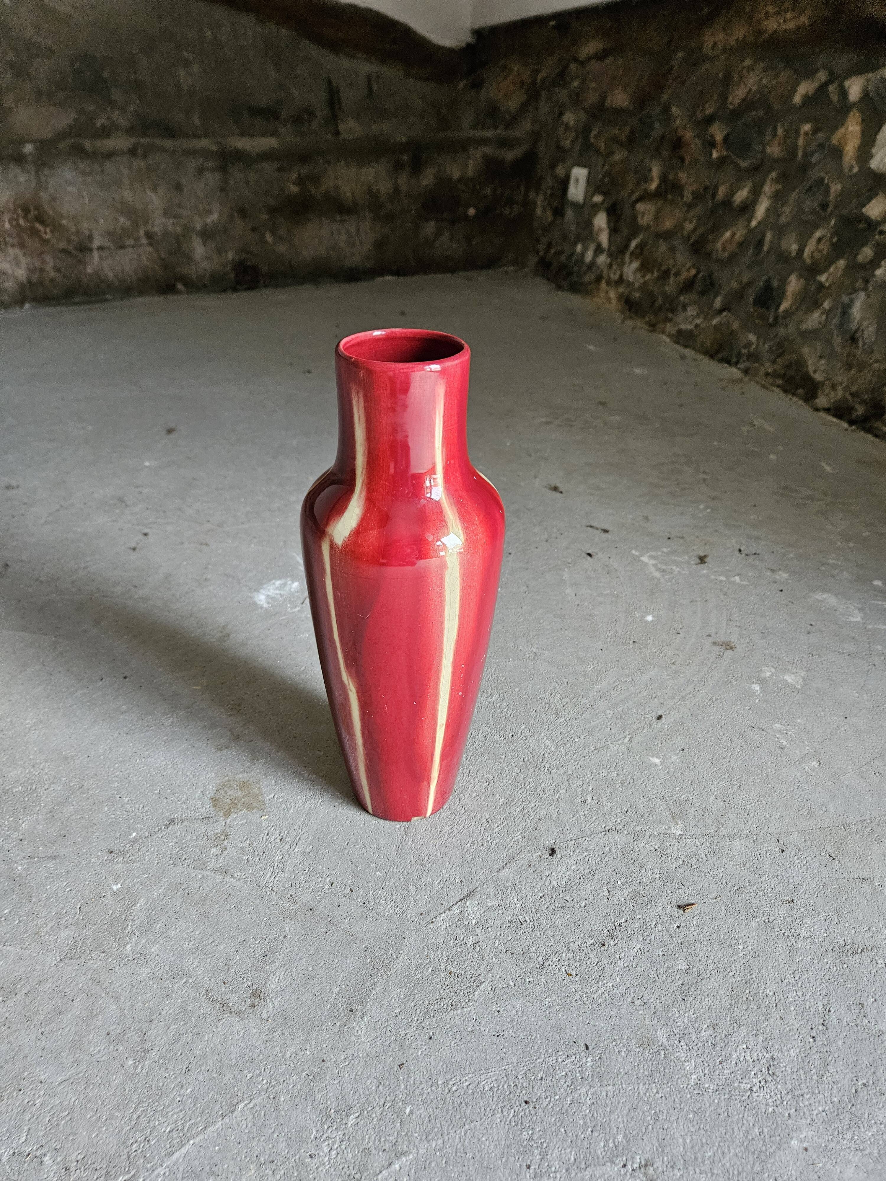 Red Art Deco Ceramic Vase Vierzon Louis Gueule