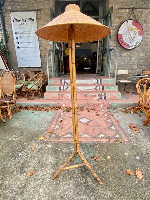 Wicker and rattan floor lamp circa 1960