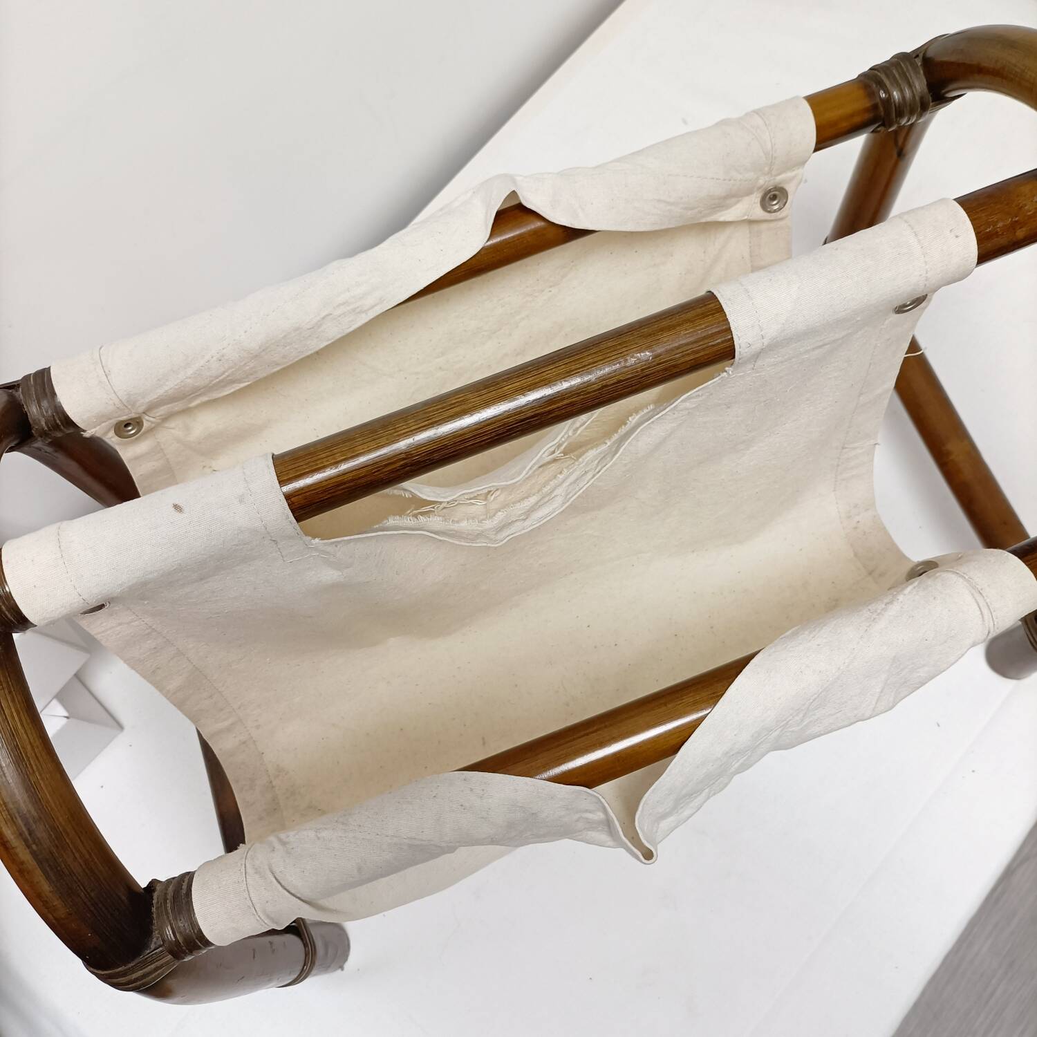 Bamboo and fabric magazine rack - vintage 70s bohemian rattan style