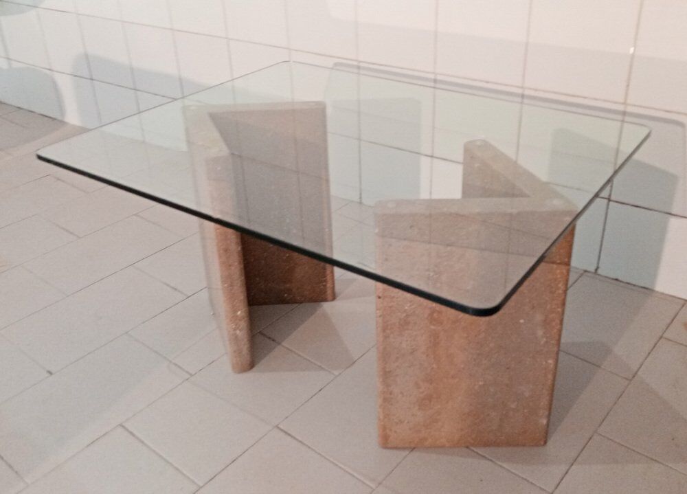 Coffee table with travertine base and glass top, 1980s