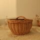 Small vintage wicker basket with navy blue lining and white polka dots - Cottage core