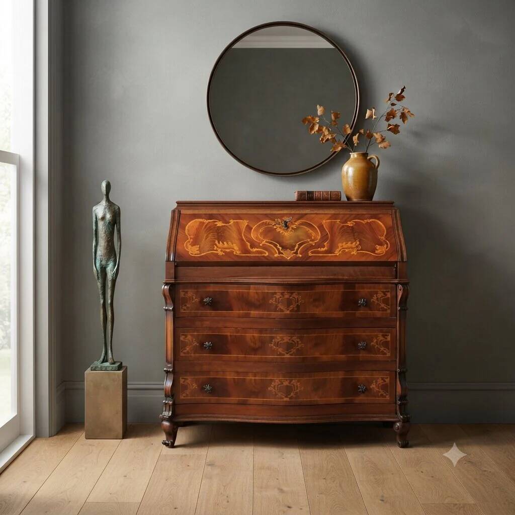 Antique drop-leaf table in walnut with maple inlays, Italy, 20th century.