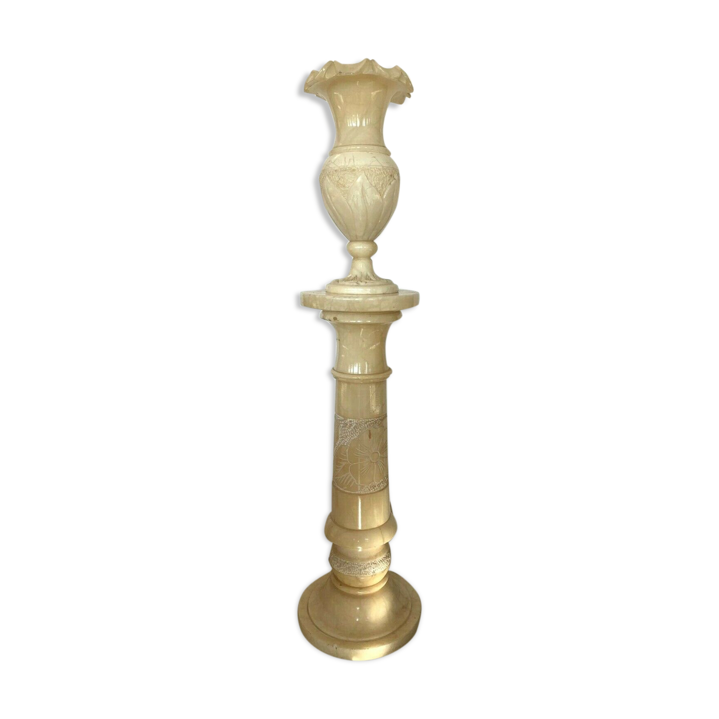 Column and vase lamp in alabaster with 20th century floral decoration
