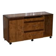 Walnut Burr buffet with drawers and wheels, part of a set.
