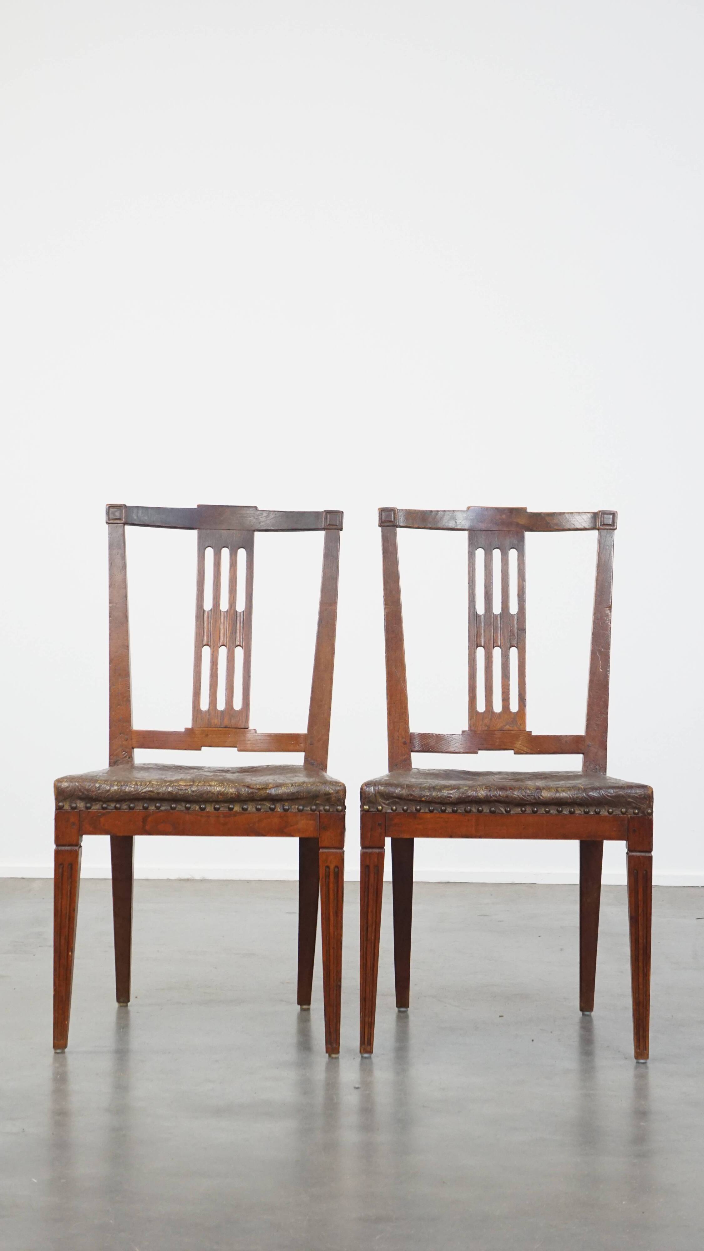 Ensemble de 6 chaises de salle à manger en cuir antiques d'origine néerlandaise