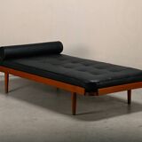 Scandinavian Daybed in Teak and Black Leather attributed to Horsens Møbelfa