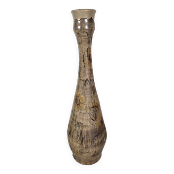 Grand vase La Roue Vallauris en céramique, Française, décor fleurs beige, 1975