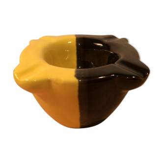Two-tone ceramic ashtray yellow and black 50s