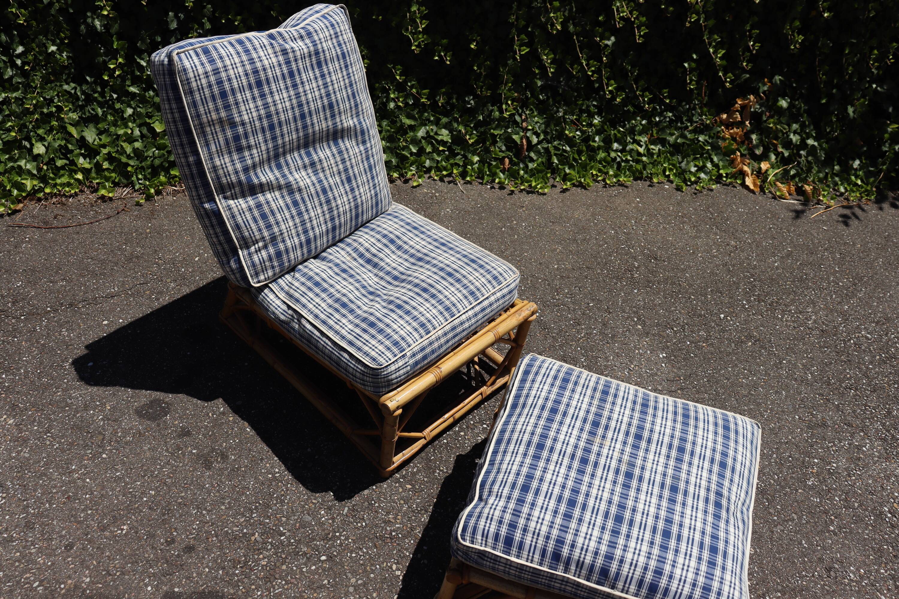 Rattan armchair and its footrest by Audoux & Minet 1950