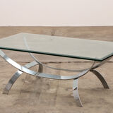Table basse space age chrome avec plateau en verre épais 1970