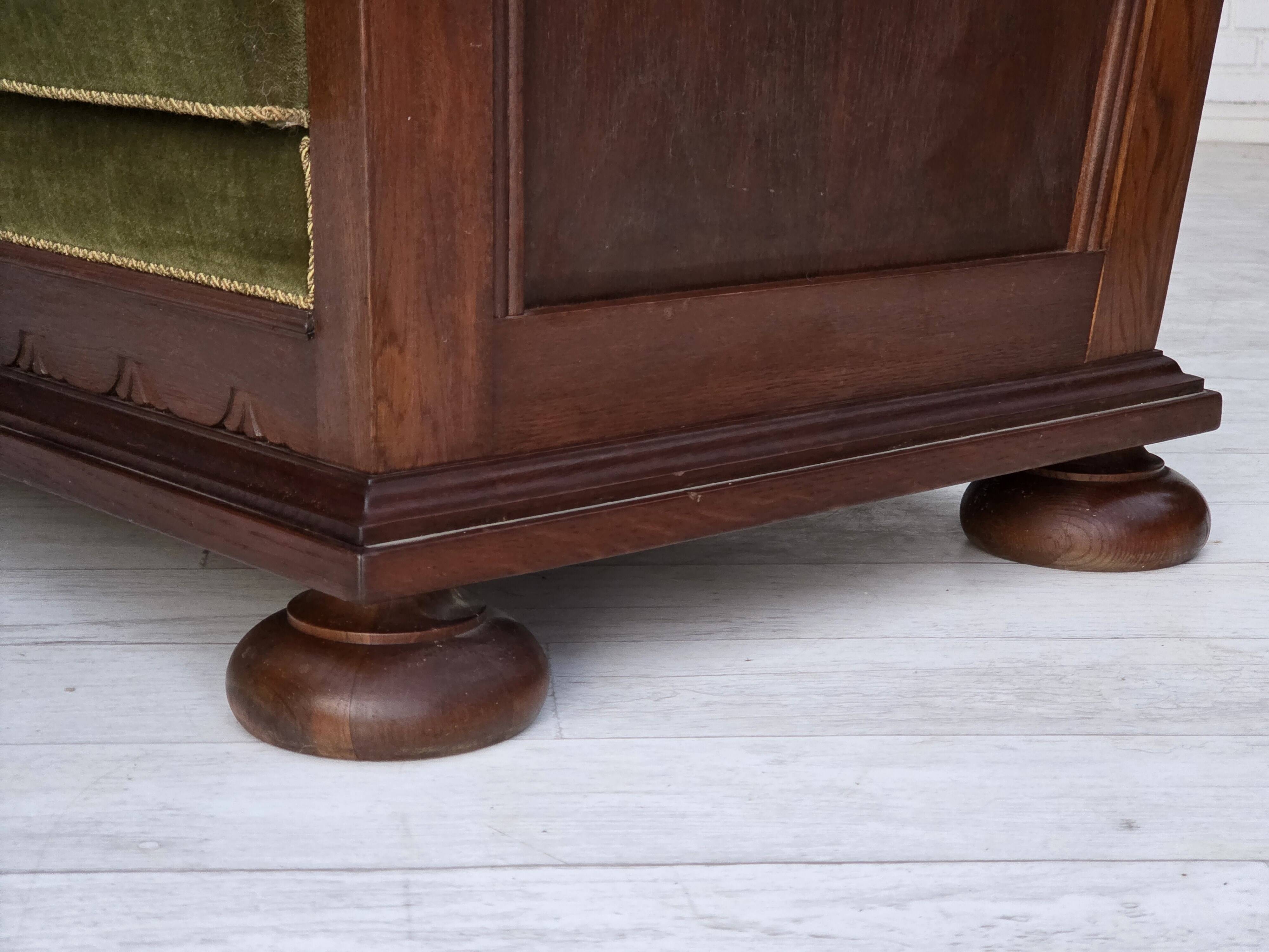 1950s, Danish 2-seater sofa, original green furniture velour, oak wood.