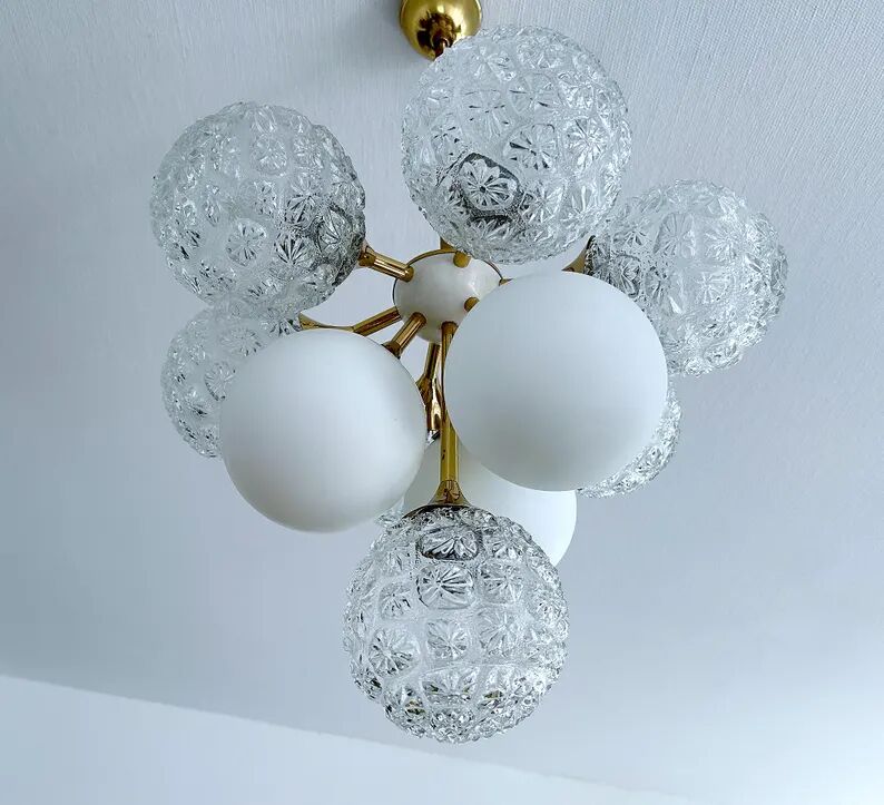 Mid Century Italian Glass & Brass Pendant Light