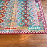 Afghan kilim rug colored red pink blue yellow diamond handmade wool