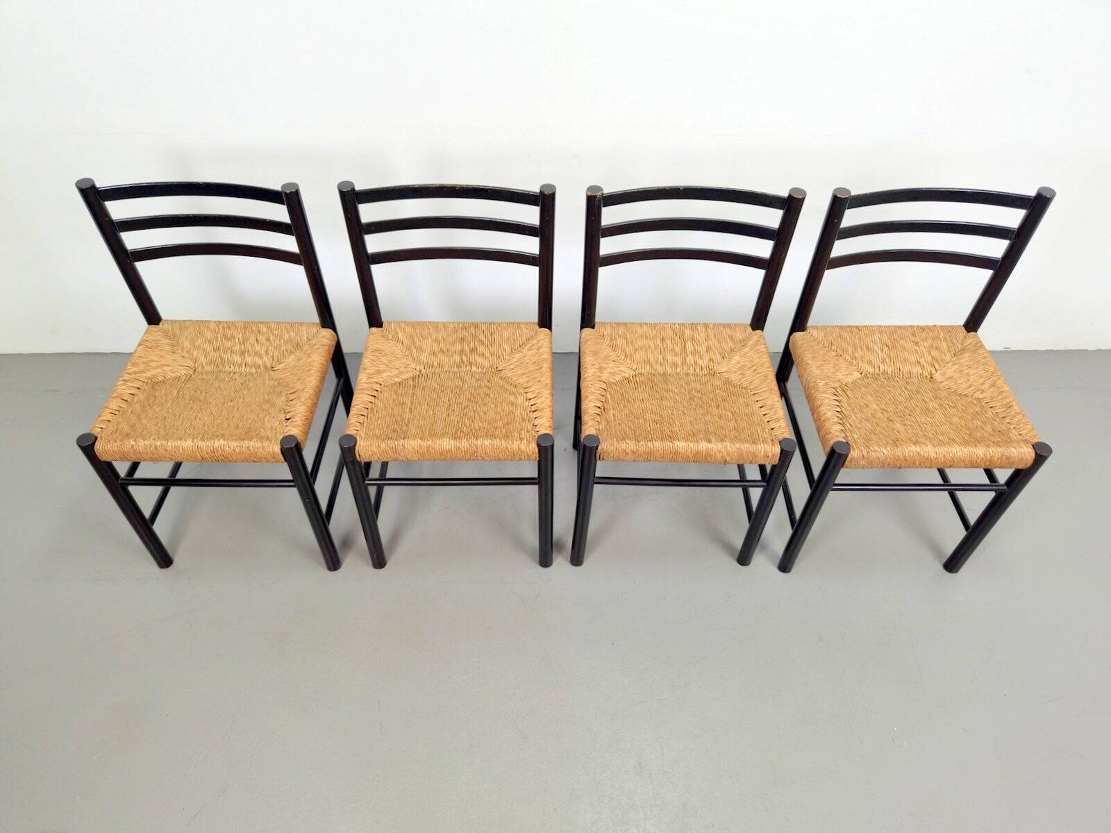 Mid-Century Dining Ladder Chairs with Rush Seats, 1960s, Set of 4