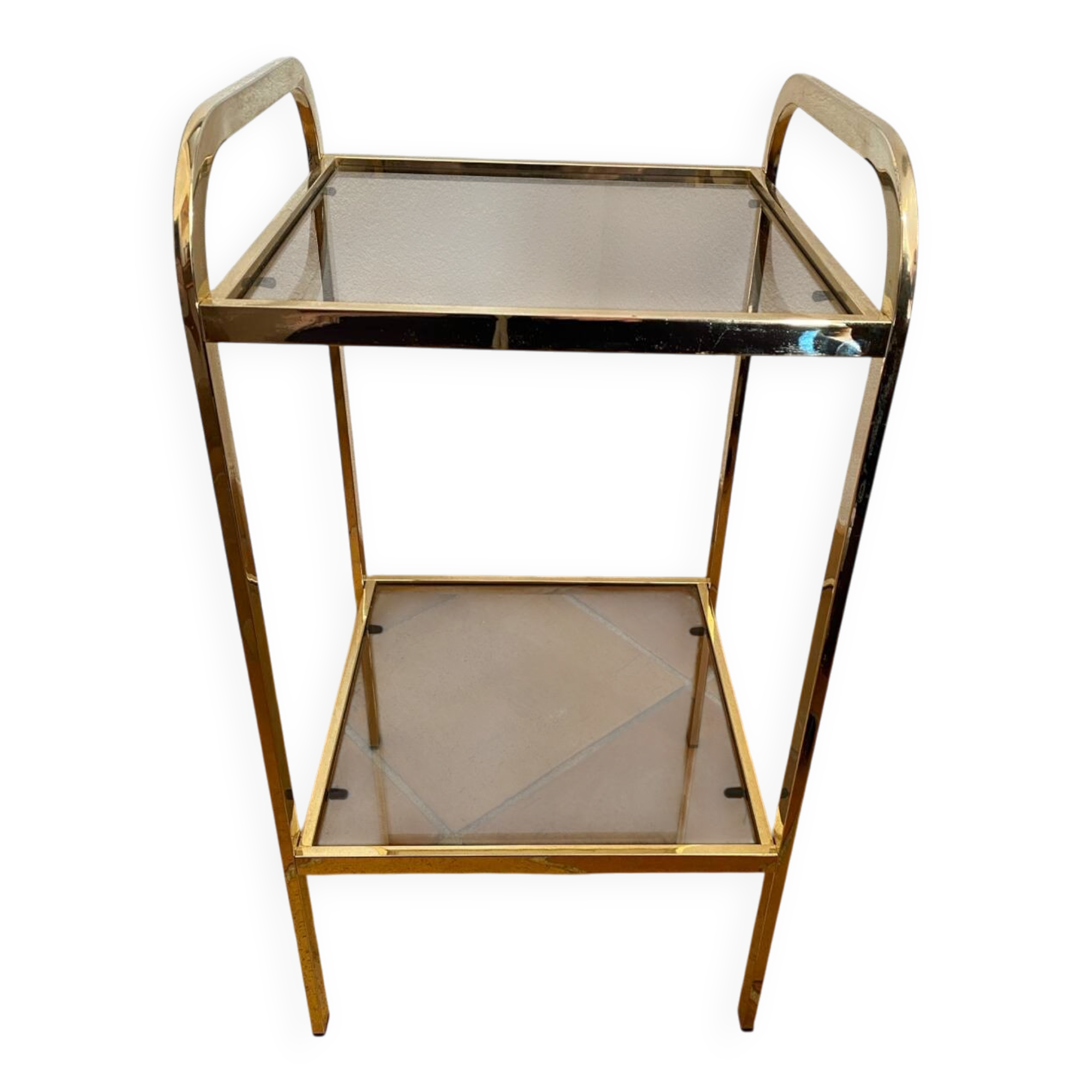 Gold metal and smoked glass console table.