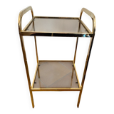 Gold metal and smoked glass console table.